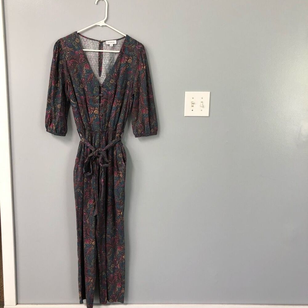 Evereve Paisley Floral V-Neck Jumpsuit Navy Multi-Color Tie Waist Small